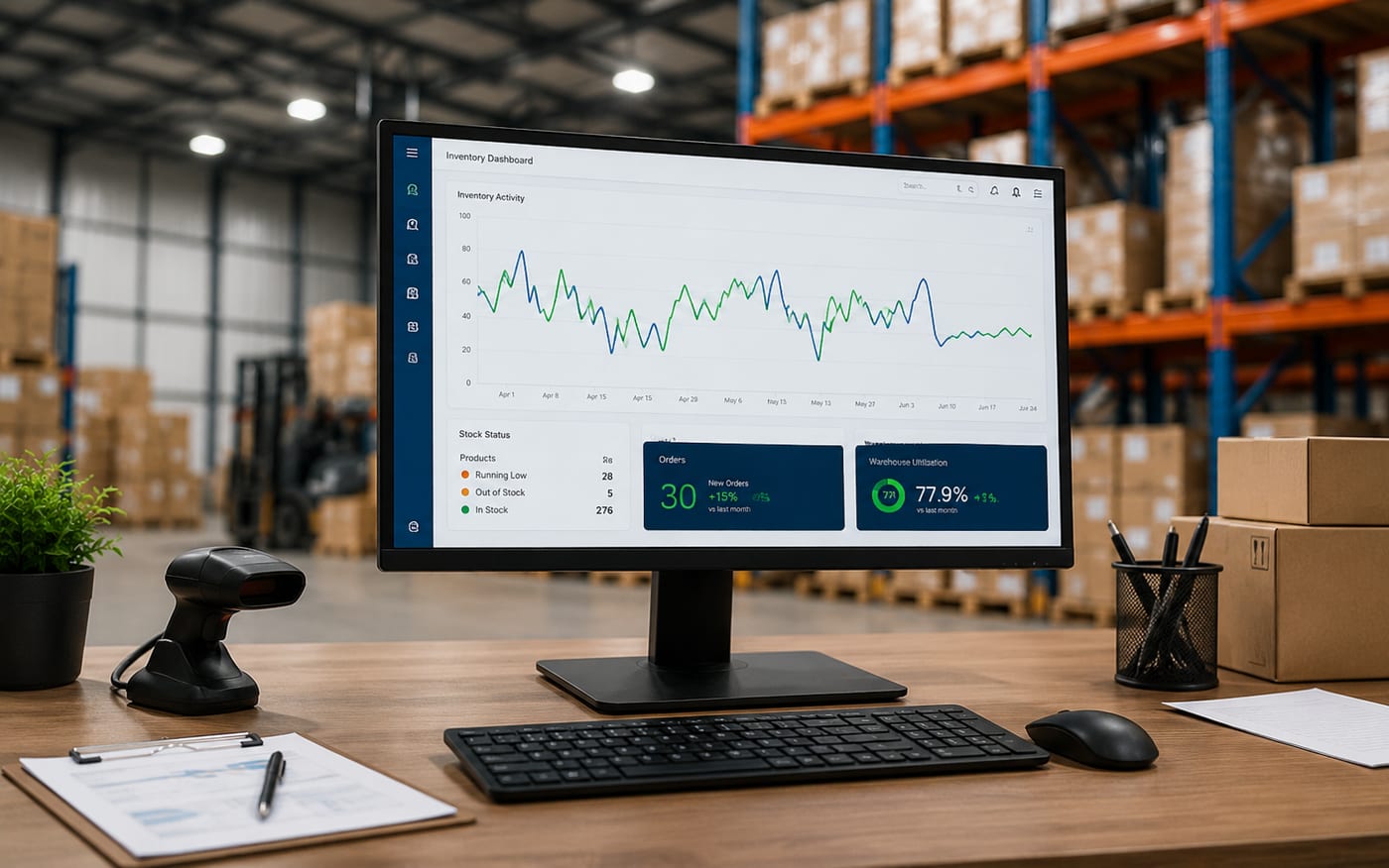 A stock-control desk in a warehouse, the monitor showing live inventory graphs beside a barcode scanner.
