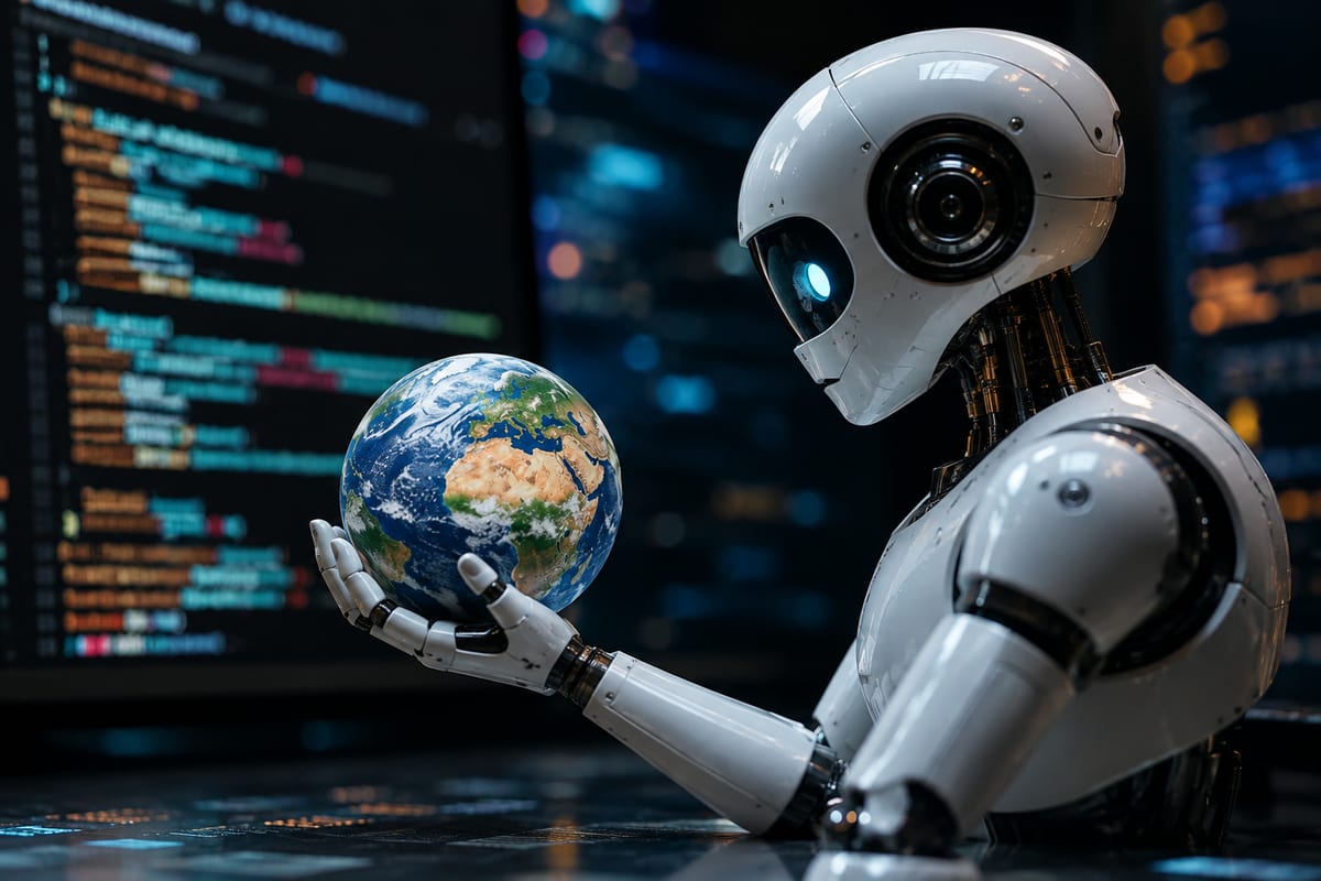 A humanoid robot holding a globe in one hand, walls of code on the screens behind it.