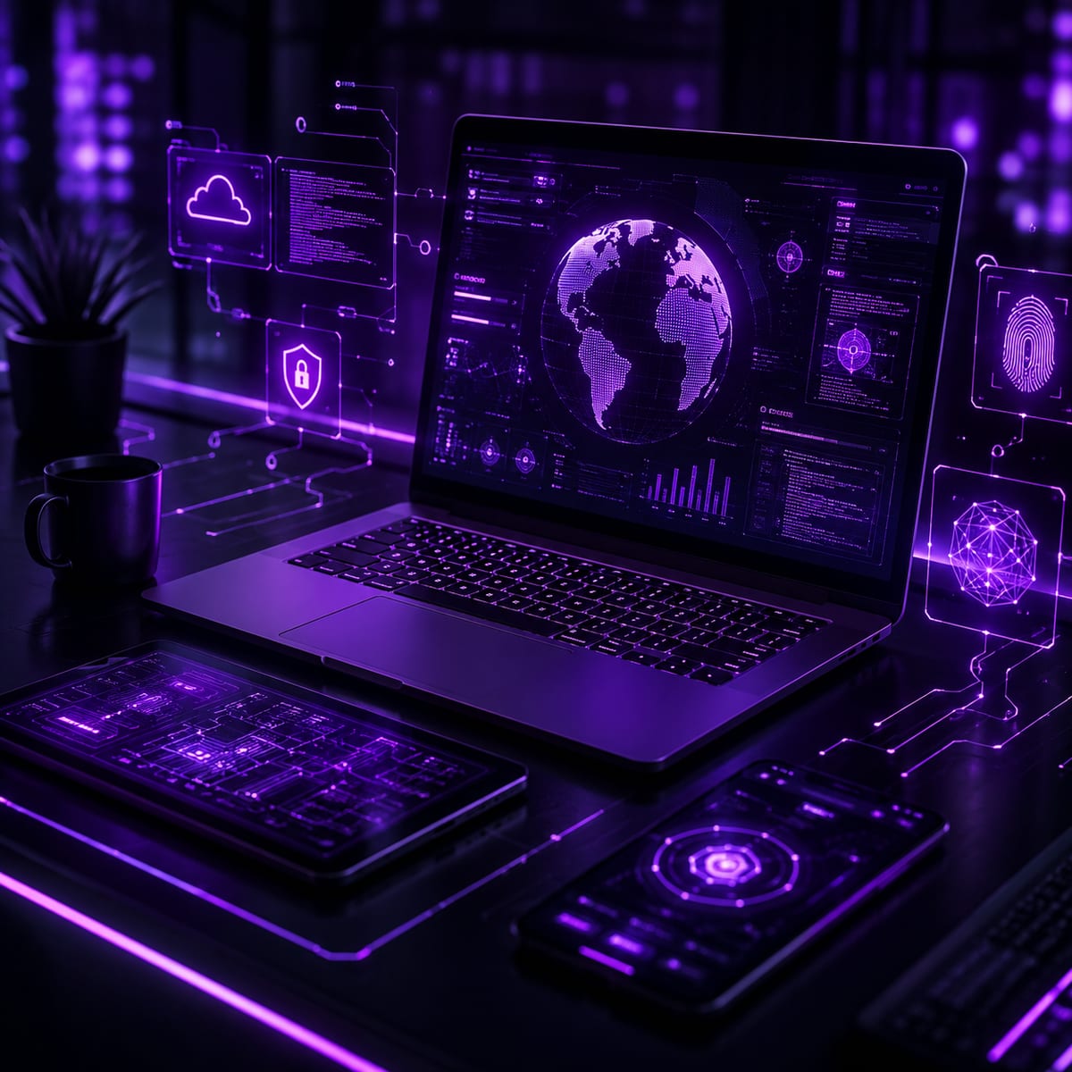 A laptop surrounded by floating application panels — dashboards, charts and a globe.