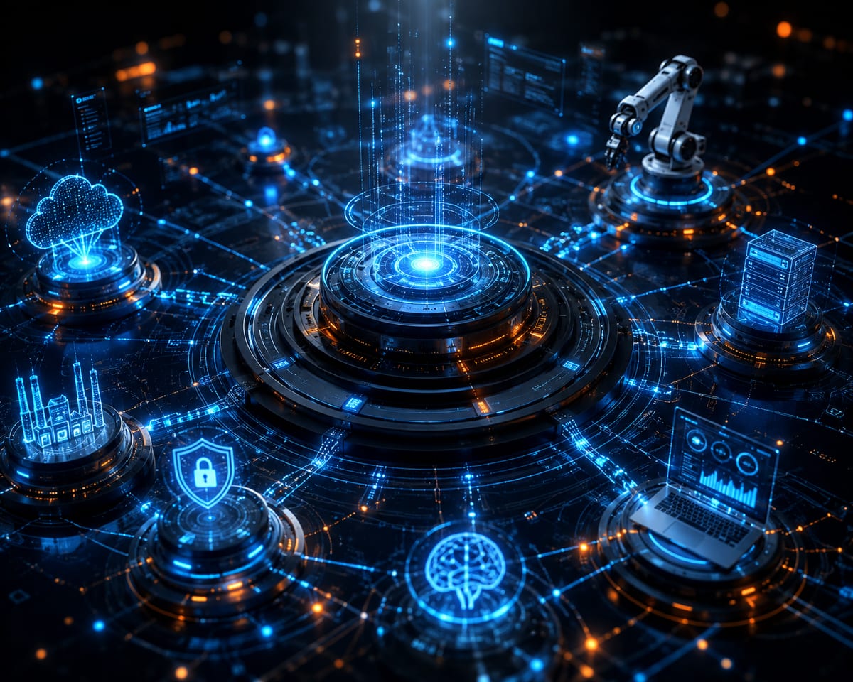A network hub rendered as glowing nodes, padlock and shield icons linked across it.