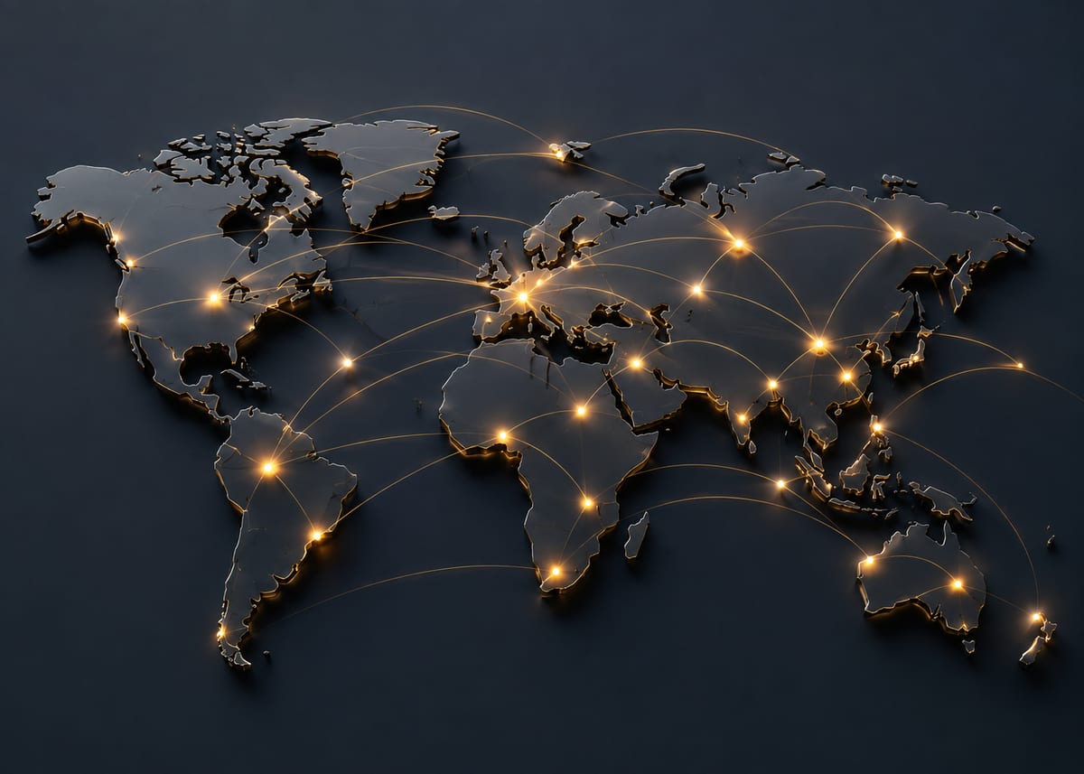 A dark world map with lit hubs and shipping routes arcing between the continents.
