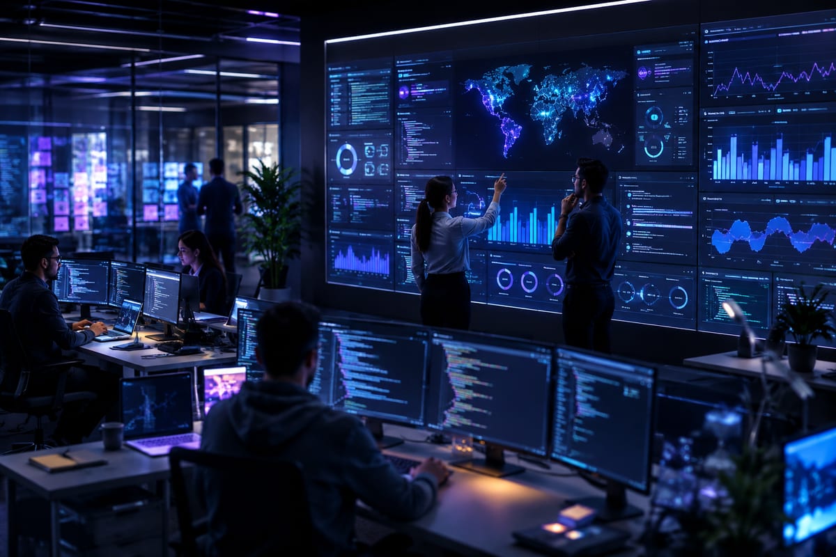 An operations room where engineers watch a wall of monitoring dashboards.