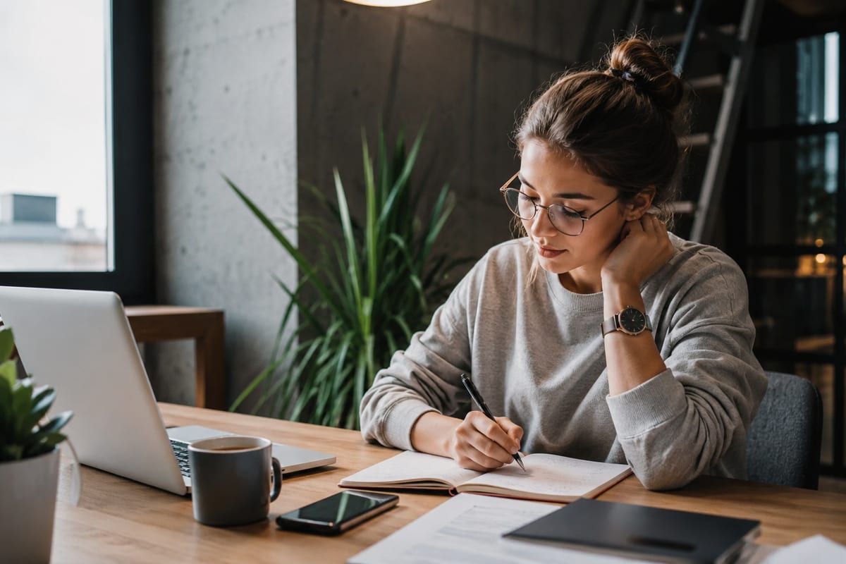 A designer sketching in a notebook at a desk beside an open laptop.