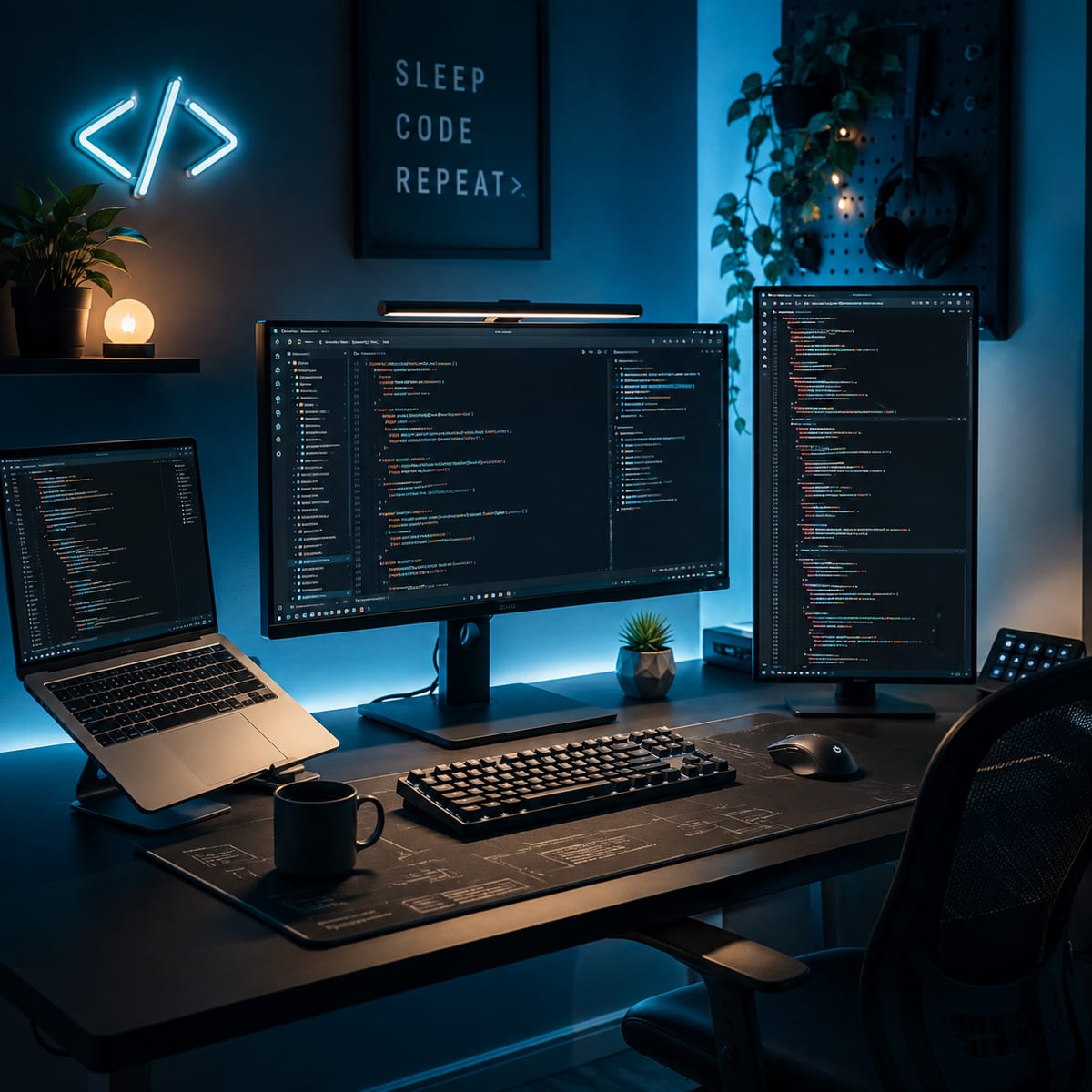 A developer workstation at night, three monitors filled with code either side of a laptop.